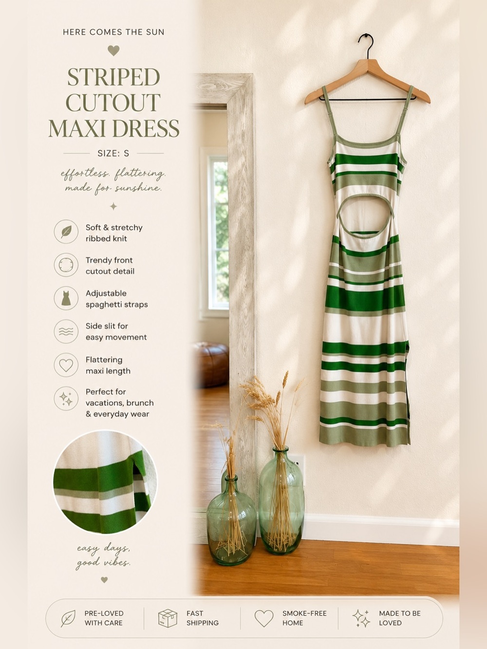 💚 Here Comes the Sun Striped Cutout Midi Dress | Size S